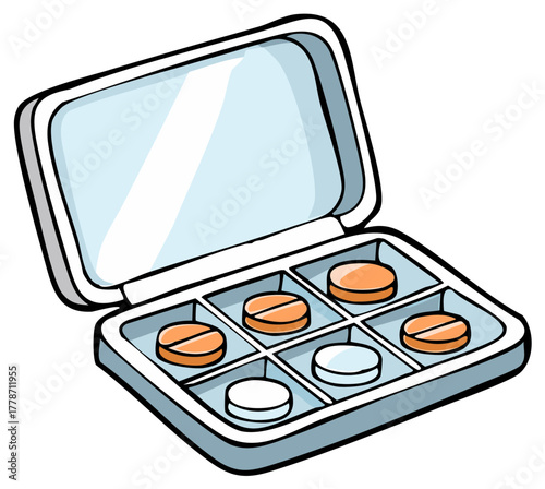 Open Pill Box with Various Pills Illustration Depicting Health Treatment Medication and Daily Supplement Regimen Container with Tablet