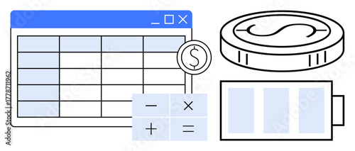 Spreadsheet with table elements, calculator, dollar coin, and battery icon representing financial planning, productivity, budgeting, accounting, resource management energy efficiency. Ideal