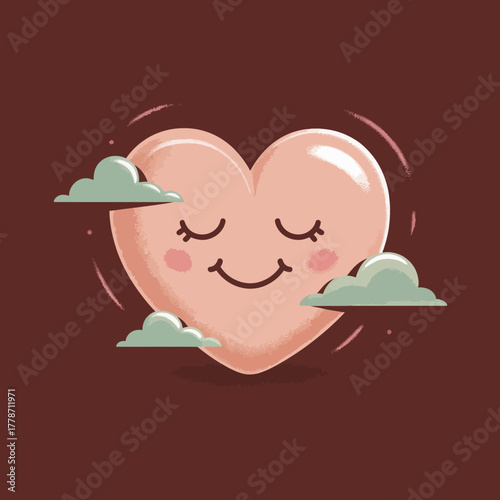 This whimsical illustration features a smiling heart surrounded by soft, fluffy clouds against a warm maroon background, conveying joy and serenity in a charming way.
