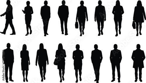 Business silhouettes of professionals walking and standing, corporate teamwork poses, office attire figures, workplace diversity, leadership concept, modern company vector