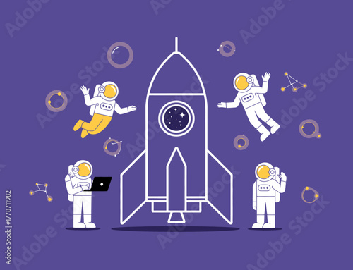 In this fun illustration, astronauts float joyfully around a rocket, emphasizing themes of exploration, adventure, and the vibrant possibilities of outer space journeys.