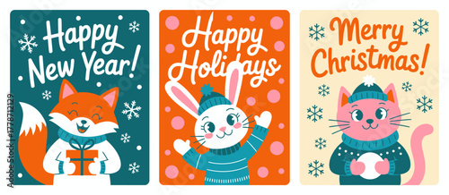 This vibrant image depicts delightful cartoon characters celebrating New Year and Christmas, showcasing their festive spirit and joyfulness in a colorful winter setting.