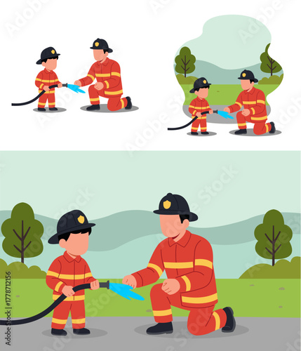 Little Boy Learning Firefighting with Professional Firefighter in Modern Flat Design Illustration