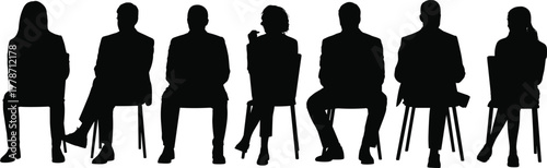 Business, people, silhouette, seated, meeting, panel, interview, discussion, teamwork, corporate, group, professional, conference, design, illustration, art, concept
