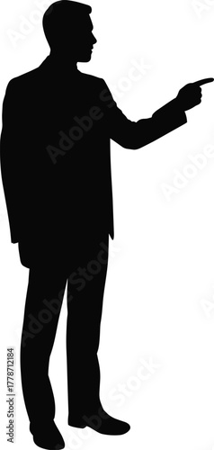 Businessman silhouette pointing, professional corporate figure, confident man in suit, leadership concept artwork, business communication design, direction instruction illustration