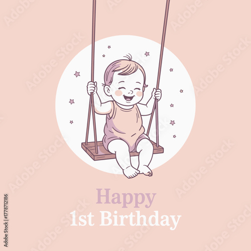 This delightful image portrays a happy baby girl enjoying her swing as she celebrates her first birthday, conveying joy and charm suitable for party themes.