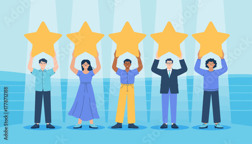 An inspiring representation of six diverse adults holding large stars proudly, showcasing achievements and recognition on a brightly illuminated stage.