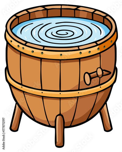Old fashioned wooden bathtub full of clean rippling water. Vintage cartoon illustration.