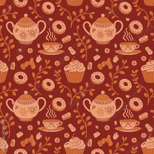 This delightful pattern features teapots, cups, and an array of sweets, creating a cozy atmosphere perfect for tea lovers and dessert enthusiasts alike.