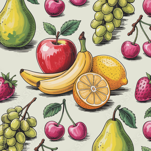 This vibrant arrangement of fruits, including bananas, cherries, and apples, celebrates the beauty of nature’s bounty in colorful and artistic representation.