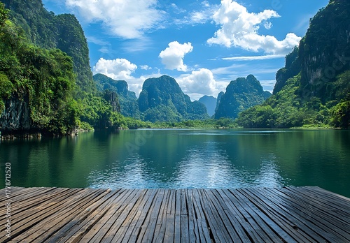 Photo of a peaceful river with green mountains and wooden platform in the foreground