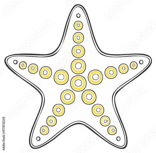Stylized Starfish with Yellow Circles Outline Doodle Illustration Sea Star Graphic