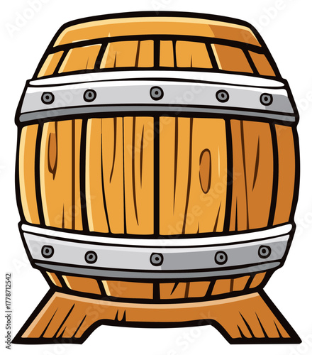 Wooden Barrel Illustration with Metal Bands - Old Wood Cask for Wine, Beer or Whiskey Storage, Cartoon Style Design