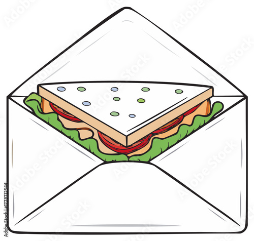 Illustrative sandwich in a white envelope, healthy eating concept, vector graphic with lunch, tomatoes and lettuce, tasty food