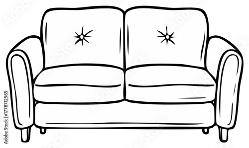 Hand-drawn two-seater sofa illustration with tufted cushions in minimalist line art style