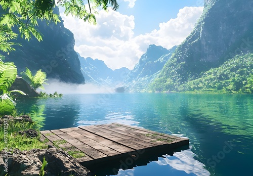 Photo of a peaceful river with green mountains and wooden platform in the foreground