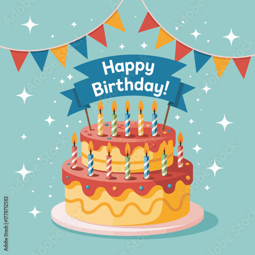 A vibrant birthday cake is adorned with colorful candles, topped with a blue banner saying 'Happy Birthday!' and surrounded by festive decorations like flags and sparkles.