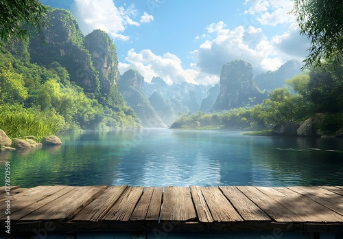 Photo of a peaceful river with green mountains and wooden platform in the foreground