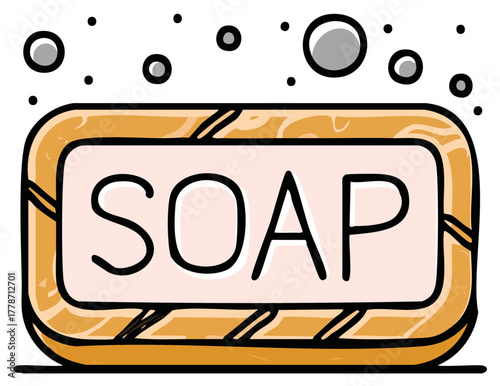 Cartoon Illustration of a Soap Bar Surrounded by Bubbles with the Word Soap Displayed