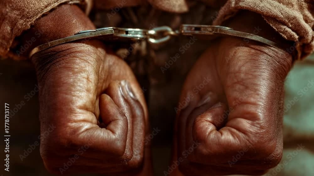 Hands in tight metal cuffs rest against a wooden edge, a visual shorthand for arrest, due process, and the thin line between accusation and conviction in legal systems worldwide.