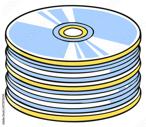 Stack of CDs and DVDs Optical Discs with Blue and Yellow Details