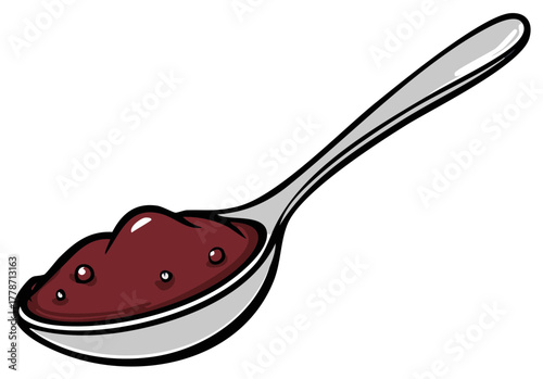 Spoon with berry jam, glossy red food in a silver utensil