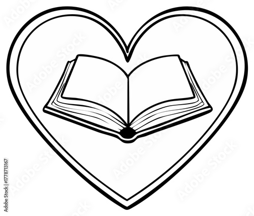 Heart shape framing an open book reading concept illustration.