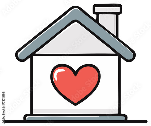 Cute cartoon house with a heart symbol representing love, family, and home