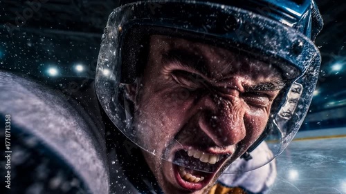 Raw close‑up of a roaring hockey player mid‑charge, sweat and ice crystals flying as adrenaline peaks, expressing fearless determination and the ferocity of playoff pressure.