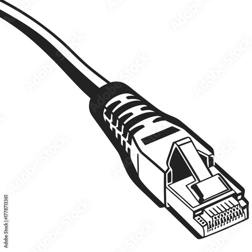 Close up of a white ethernet cable connector on black background