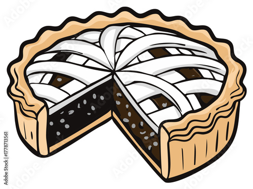 Delicious pie with a missing slice and classic lattice crust illustration