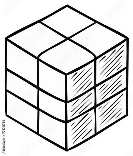 Hand drawn illustration of a three dimensional cube puzzle with simple sketch lines