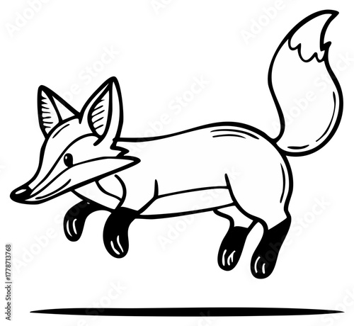 Bold Outline Fox Character Jumping with Bushy Tail Isolated on White Backdrop