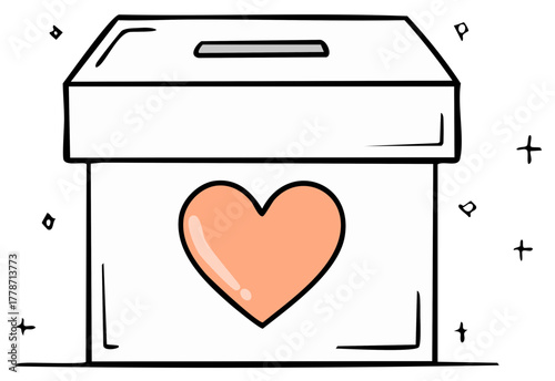 Hand drawn illustration of a donation box with a heart and sparkle elements