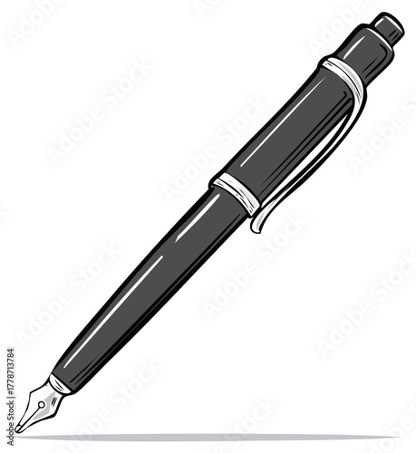 Classic black fountain pen with silver accents and nib detail