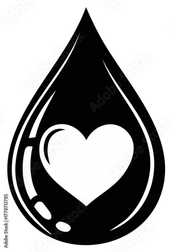 Minimalist black drop shape containing a white heart icon for health love and charity