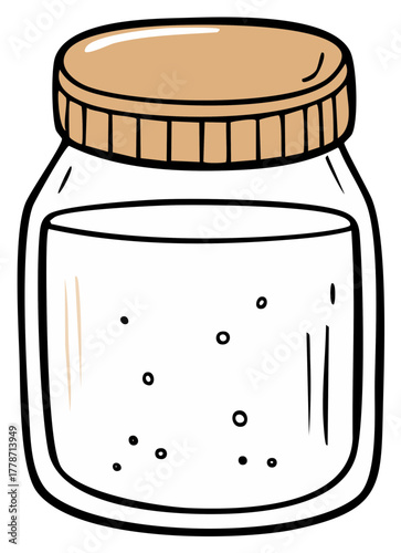 Hand drawn cartoon of a glass jar with a brown lid filled with liquid and small bubbles