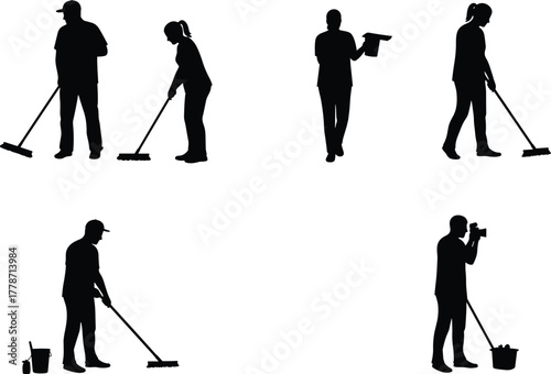 Cleaning worker silhouettes sweeping and spraying, janitor vector design, hygiene maintenance illustration, occupational duties artwork, sanitation concept, workplace service graphic