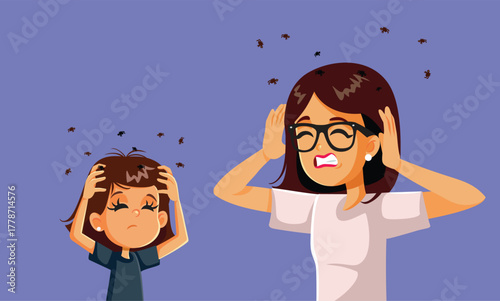 Mother and Daughter with Head Lice Problems Vector Illustration. Stressed family suffers from parasite infestation together 
