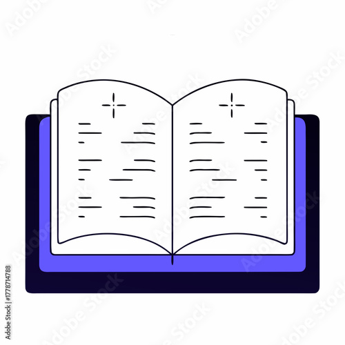 Open ancient book with mystical symbols on purple background  