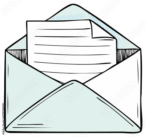 Illustration of an Open Envelope with a Letter Inside, Hand Drawn Style, Contact Concept