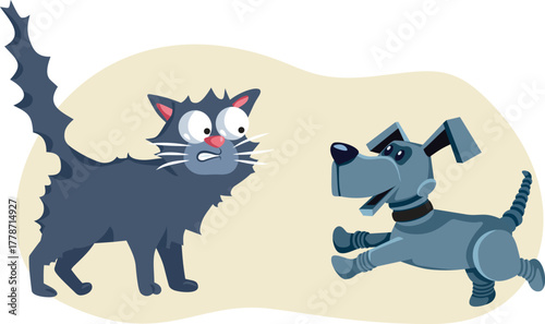 Funny Cat Scared of a Robot Dog Vector Illustration. Stressed cat meeting a weird robotic pet feeling anxious 
