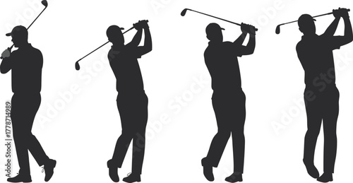 Golf player silhouettes swinging club, sports action sequence, athletic motion poses, fitness training, competitive game, outdoor activity, vector illustration design