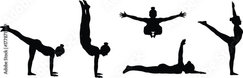 Gymnastics, silhouette, acrobatics, sport, fitness, exercise, flexibility, strength, balance, athlete, movement, posture, training, activity, design, illustration, art, concept, performance