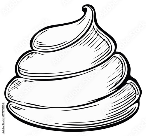 Engraving style vector illustration of a cream swirl or poop emoji in black and white line art