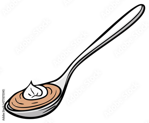 Spoonful of Pudding: Sweet Dessert Topping on Spoon, Creamy Dessert, Cartoon Style, Isolated