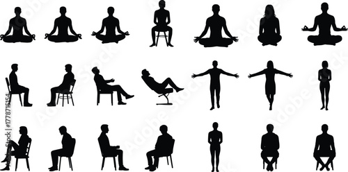 Human silhouette collection, seated and standing poses, meditation yoga artwork, lifestyle posture design, relaxation concept illustration, character template, ergonomic reference