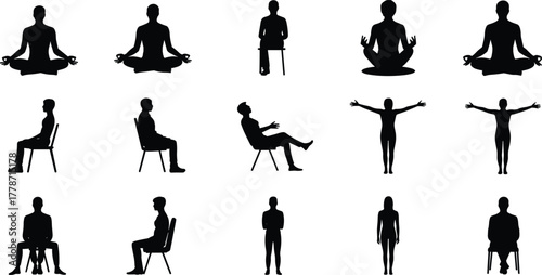Human silhouette collection, seated and standing poses, meditation posture artwork, lifestyle design reference, yoga illustration, character template, relaxation concept