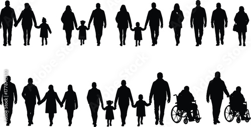 Inclusive family silhouettes with parents, children, and wheelchair users, community unity design, social connection artwork, diversity concept, lifestyle vector illustration
