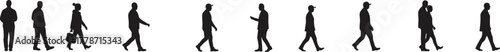 Human walking cycle silhouettes, motion sequence illustration, biomechanics study, animation reference poses, fitness training, urban lifestyle, gait analysis, vector design